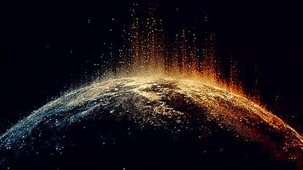 the top of the world with rising color streams fading into the blackness of space
