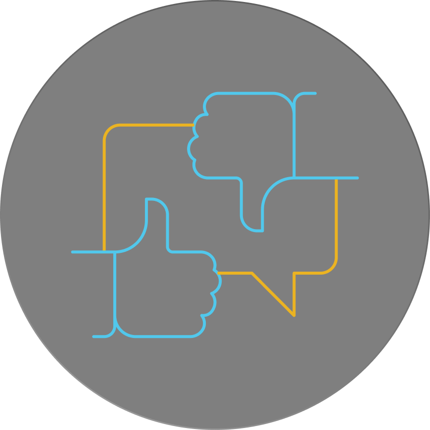 a circle with an icon thumbs up and down over a chat bubble
